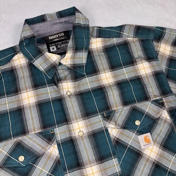 Carhartt Rugged Flex Western Pearl Snap Shirt Men’s Size Medium Green Plaid - Picture 1 of 7